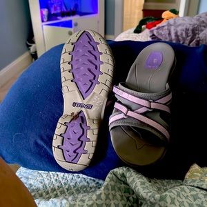 Go to summer flip-flops with a better fit.  Lilac and gray Tevas are suer.